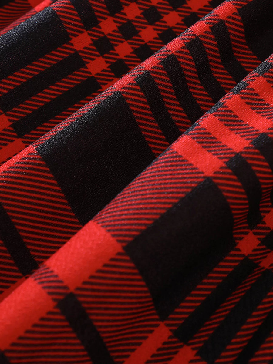 Deep Red Belted Plaid Long-Sleeve Dress
