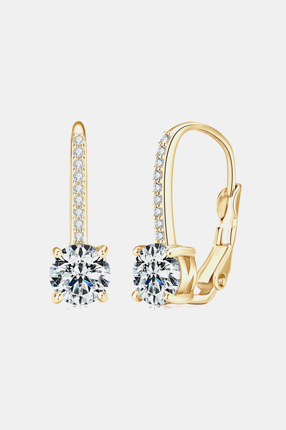 Gold leverback earrings with pavé set moissanite and a central round-cut moissanite stone.