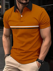 Terracotta polo shirt with black collar and contrast stripe detail
