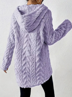 Purple textured fleece hoodie with cable knit pattern and drawstring hood.