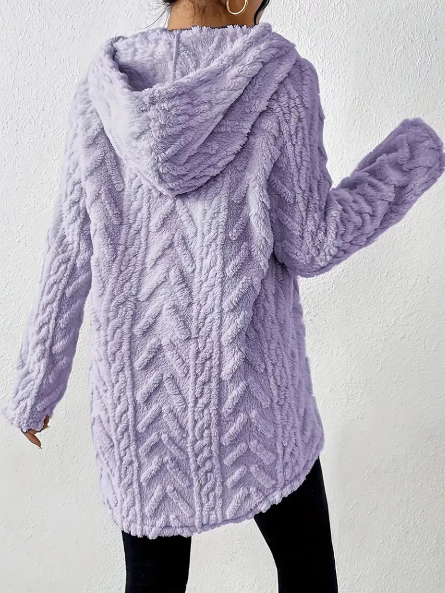 Purple textured fleece hoodie with cable knit pattern and drawstring hood.