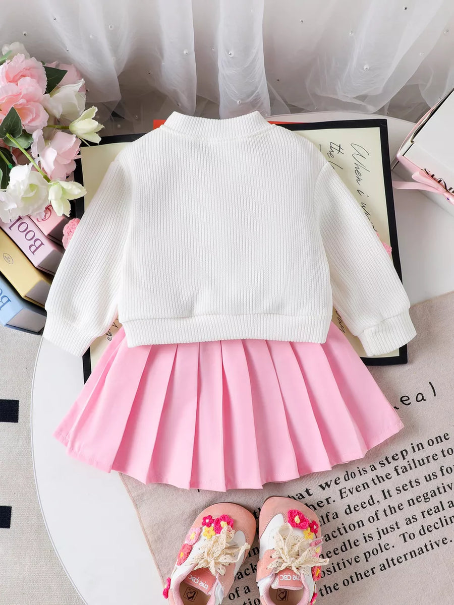 Children's Bow Button Up Cardigan And Pleated Skirt Set option 6