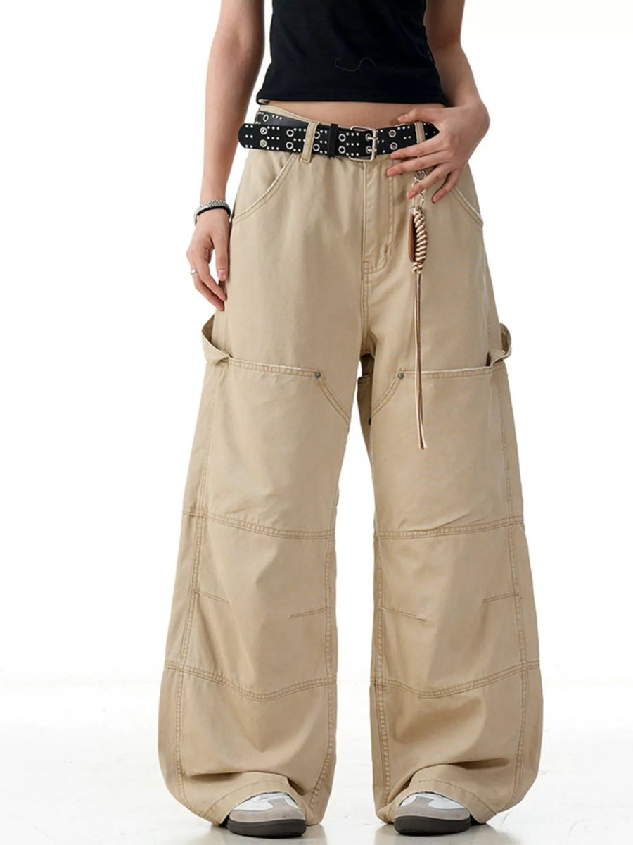 Khaki wide-leg cargo pants with multiple pockets and contrast stitching.