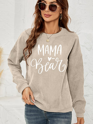 Sand corduroy sweatshirt with white Mama Bear graphic and heart detail.