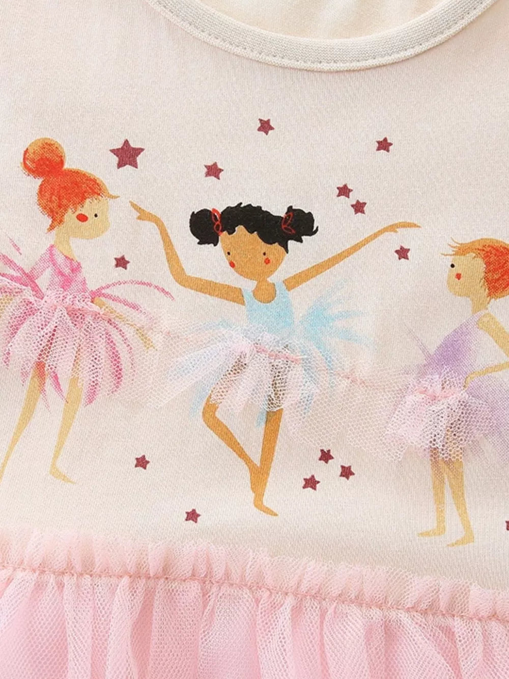 Charming ballerina graphic cotton dress with pink tulle skirt and stars.
