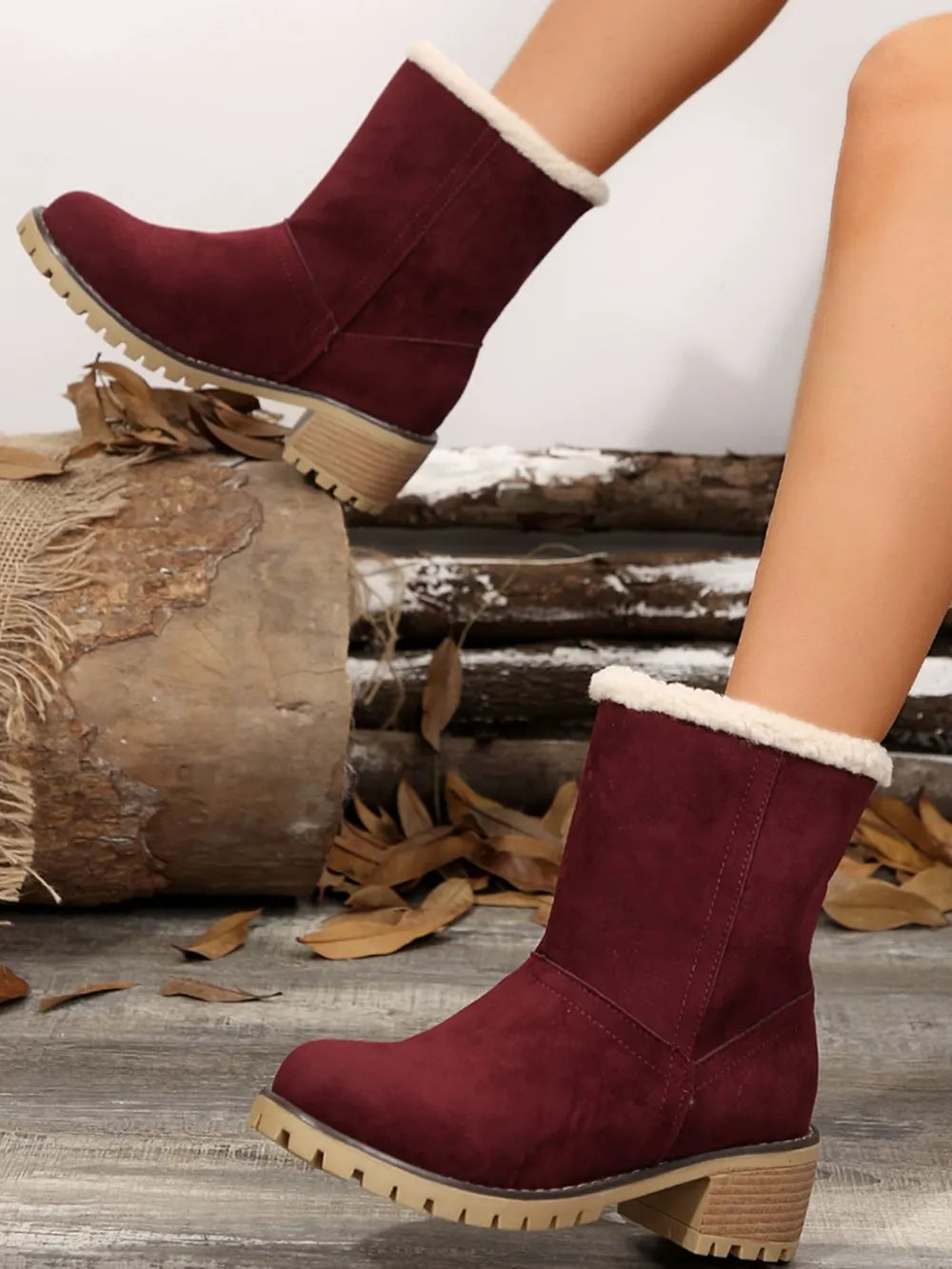 Burgundy suede ankle boots with sherpa trim and lug sole.