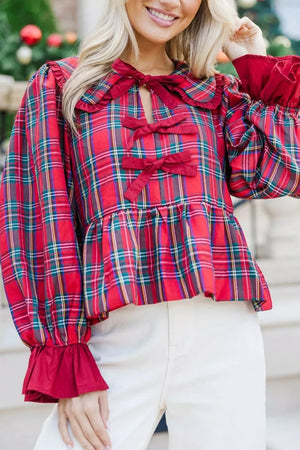 Plaid Tie Neck Ruffle Cuffs Blouse option 4