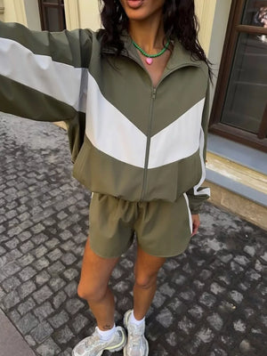 Black with Color Block Zip Up Outerwear And Shorts Set