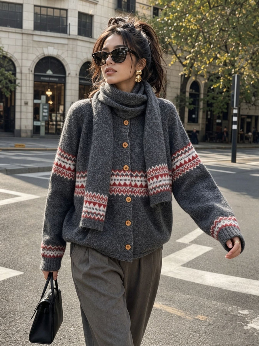 cardigan in tan with geometric and buttoned