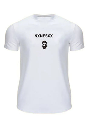 White graphic crew neck muscle tee with black text and face graphic