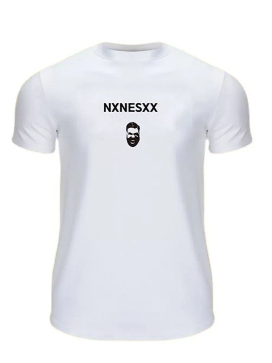 White graphic crew neck muscle tee with black text and face graphic