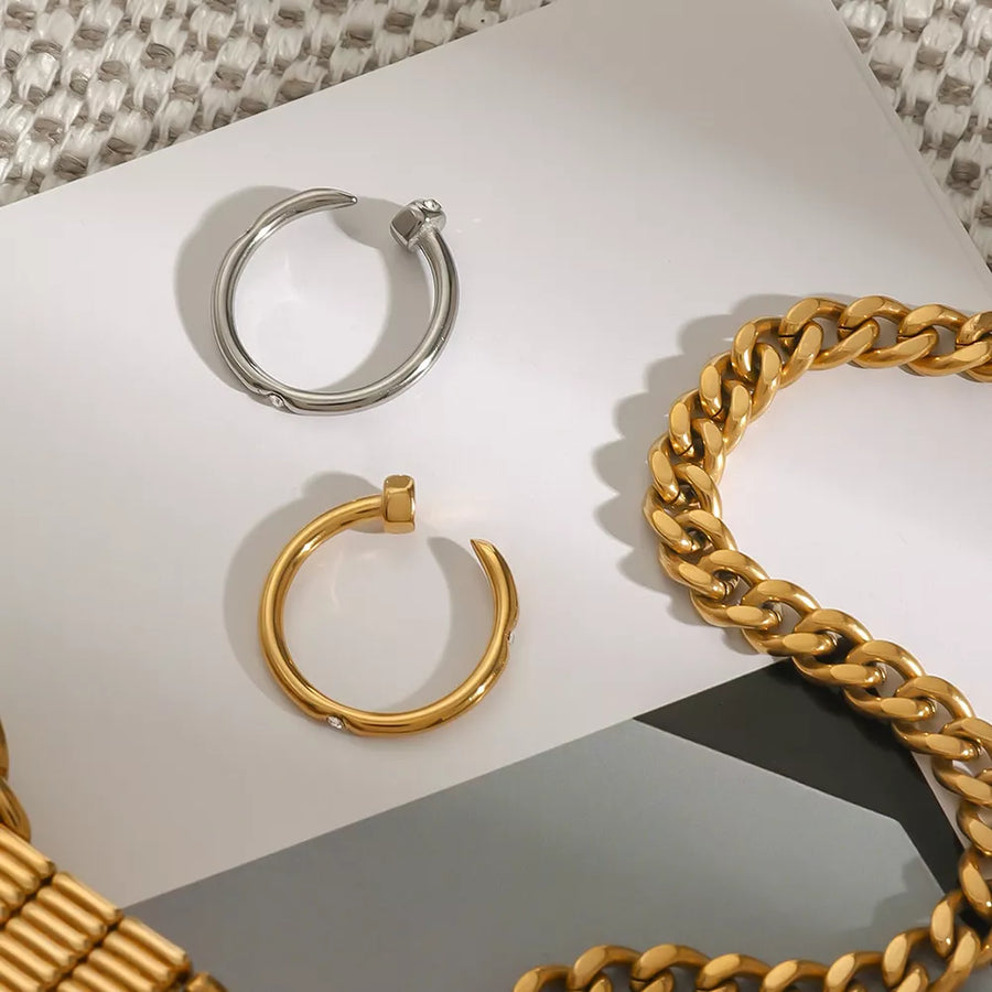 18k Gold-plated Stainless Steel Zircon Open Ring in Silver with open design