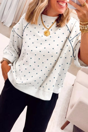 heather grey pullover sweater with polka dot and crew neck