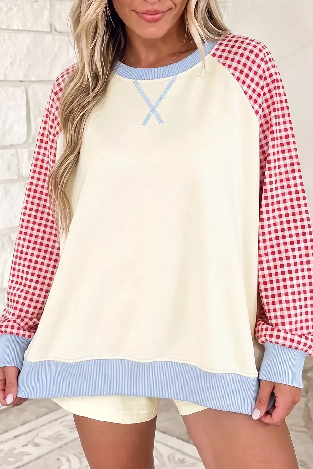 Burnt Coral Plaid Raglan Sleeve Sweatshirt