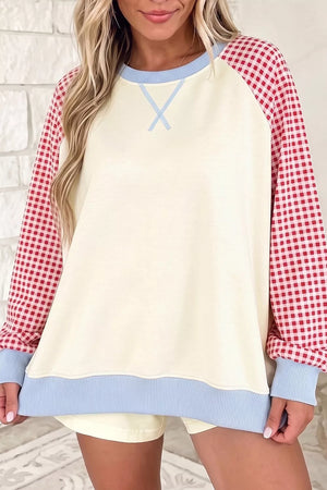 Burnt Coral Plaid Raglan Sleeve Sweatshirt