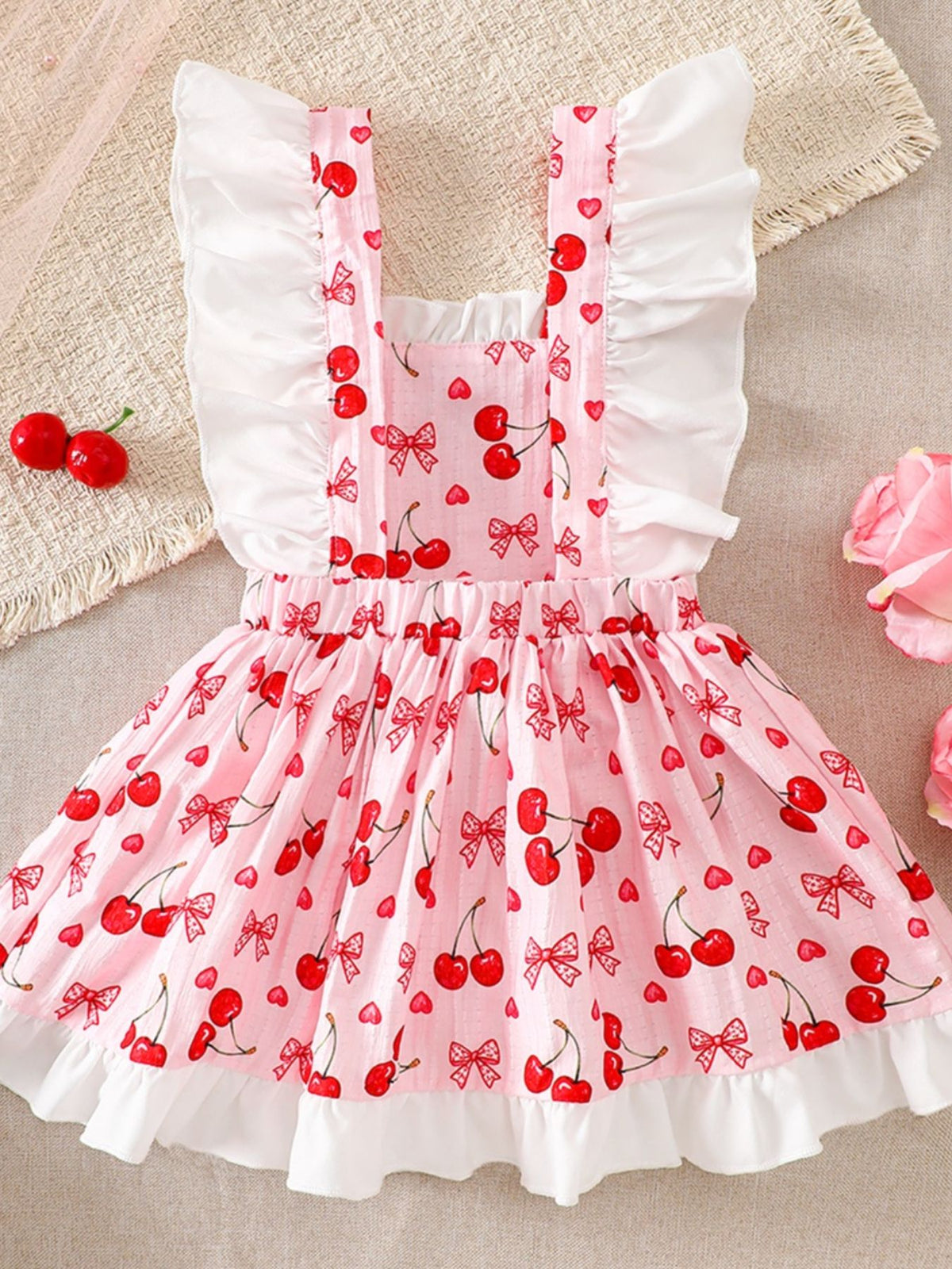 Baby dress with cherry print, ruffle trim, and white sleeves.