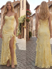 Yellow floral lace maxi dress with spaghetti straps and ruffled high slit