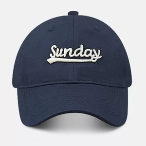 Navy baseball cap with white embroidered Sunday text