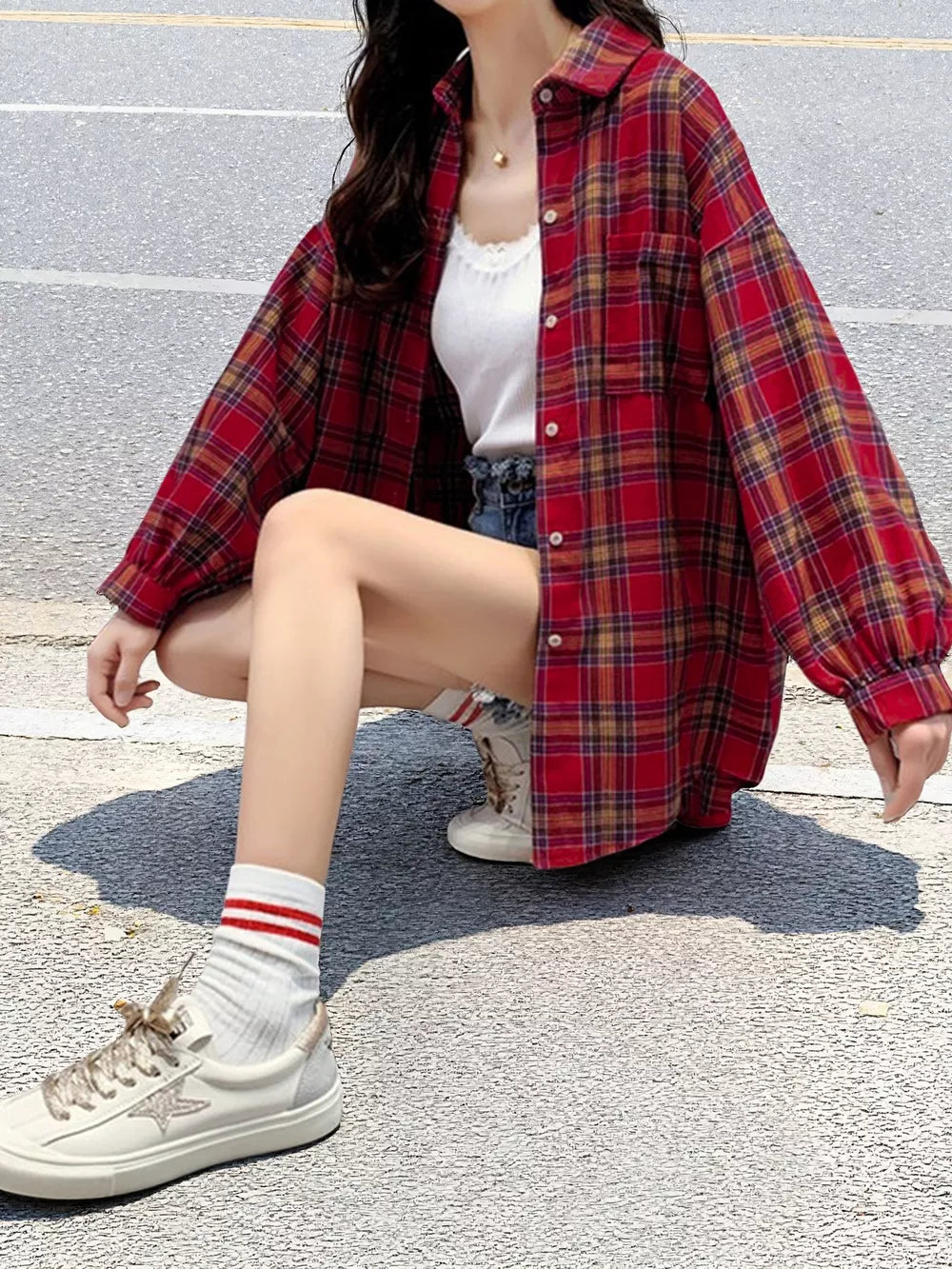 Red with Plaid Button Up Long Sleeve Shirt
