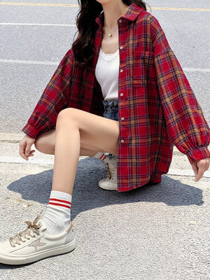Red with Plaid Button Up Long Sleeve Shirt
