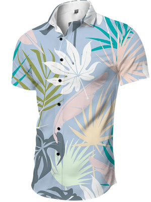 Printed short-sleeve resort shirt in light blue with a tropical leaf pattern