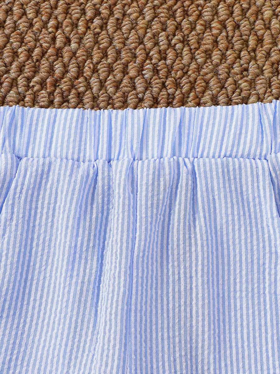 Baby blue and white striped seersucker shorts with elastic waistband
