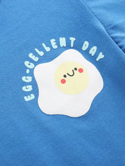 Blue cotton blend toddler tee with sunny-side up egg graphic and text.