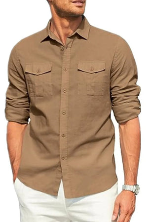 Men's taupe linen utility shirt with two chest pockets and button-up front.