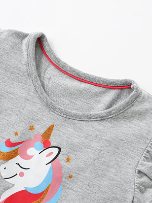 Grey cotton baby dress with unicorn graphic and ruffle sleeves.
