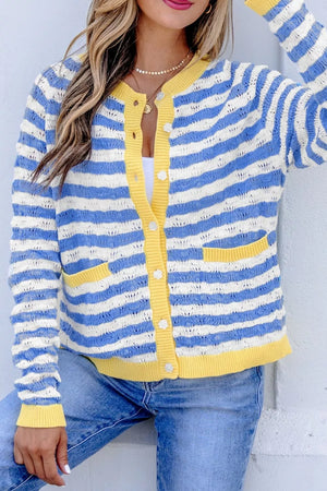 Light Blue with Button-down V-neck Knit Long-sleeve Top