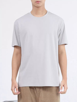 Men's light gray crew neck t-shirt, short sleeves, cotton, breathable.