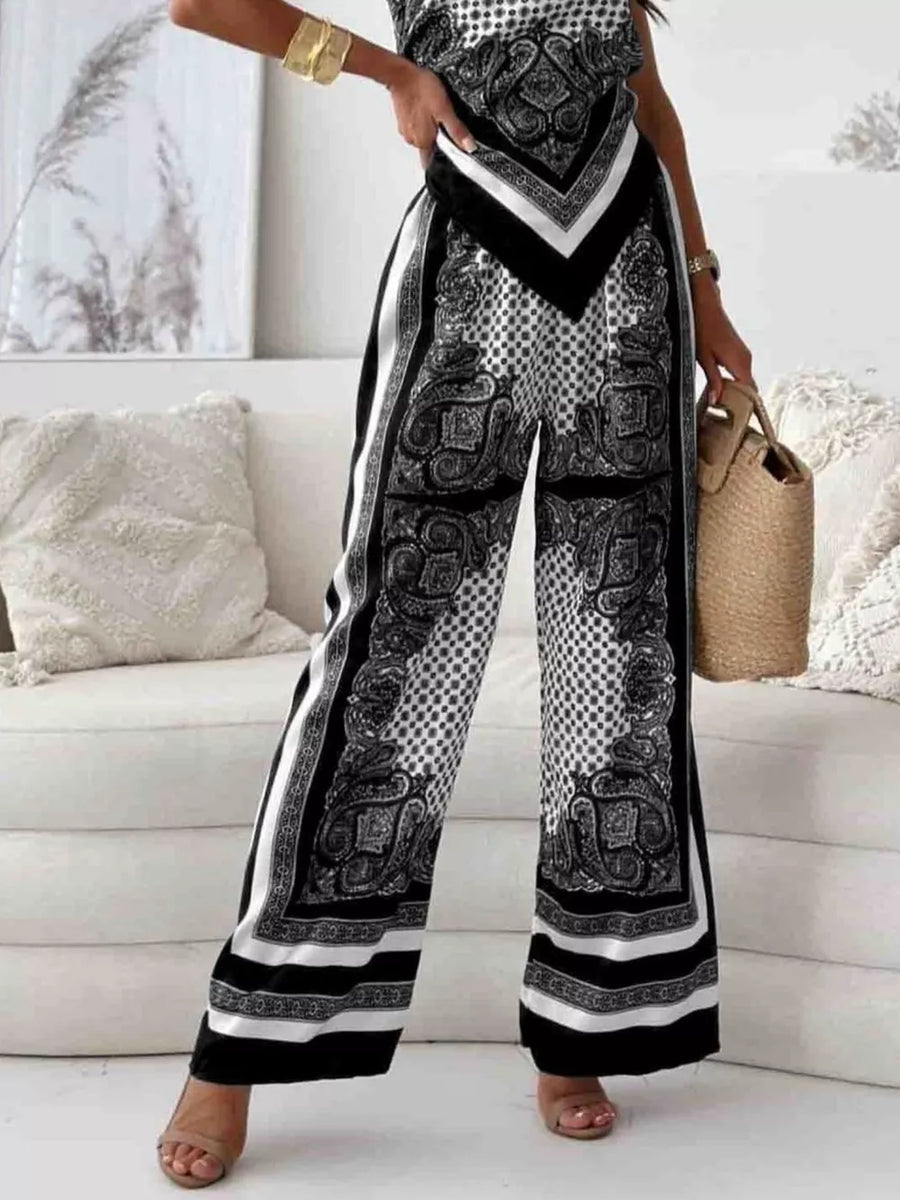 Chic printed cami and wide-leg pants set in black and white paisley and polka dot pattern.
