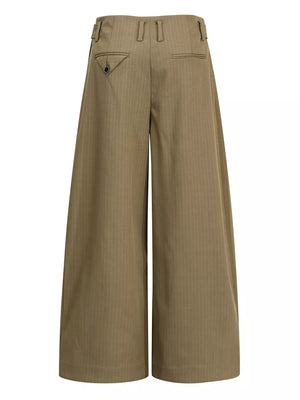 Olive pinstripe wide-leg men's sweatpants with buttoned back pocket detail.