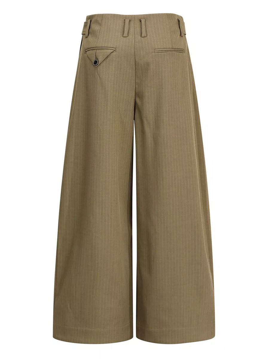 Olive pinstripe wide-leg men's sweatpants with buttoned back pocket detail.