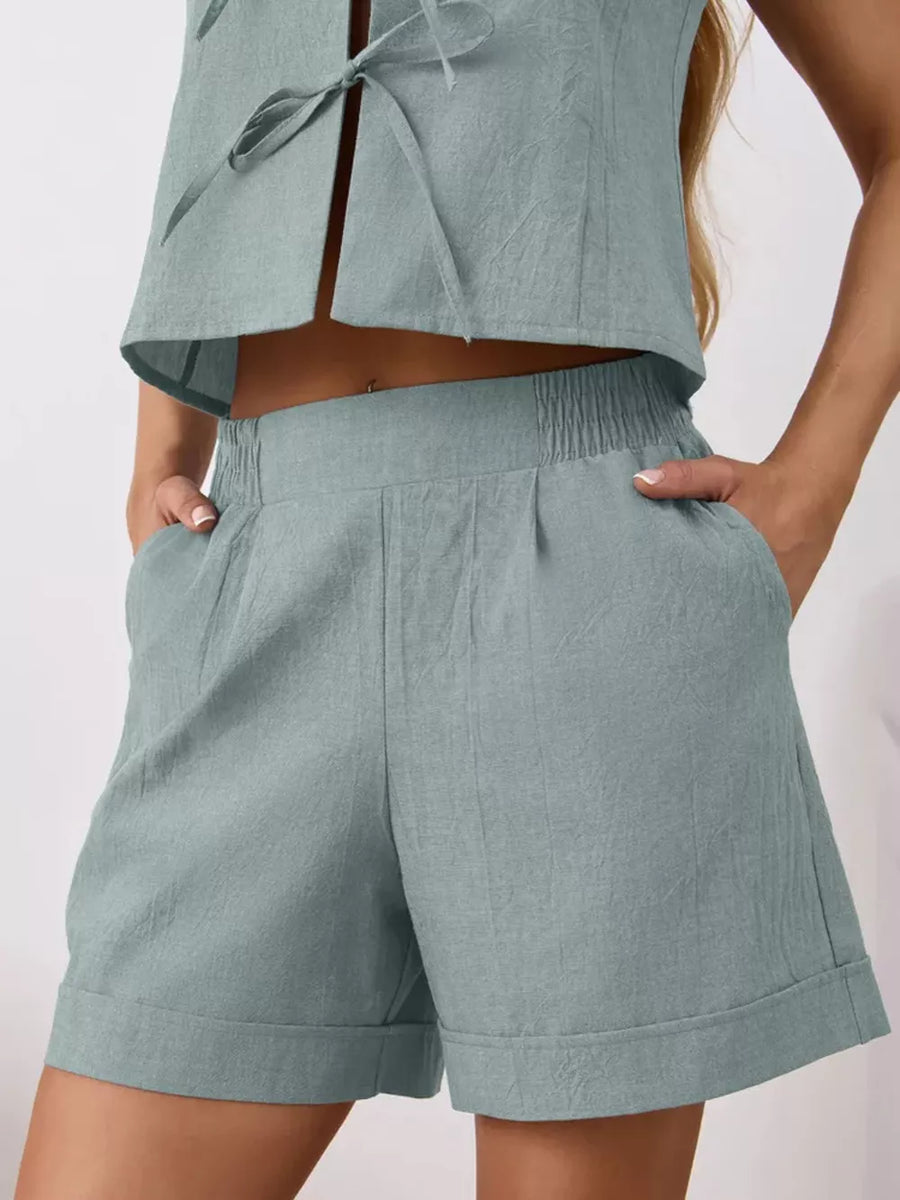 Tie-front cotton top and shorts set in blue with elastic waist shorts and cuffed hems.