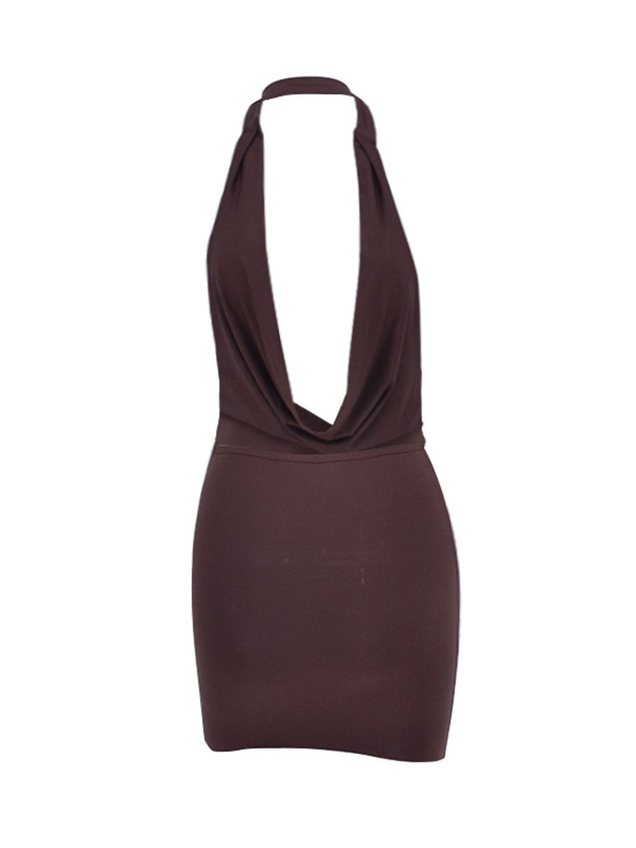 Dark brown ruched cowl neck mini dress with a plunging neckline and halter strap.