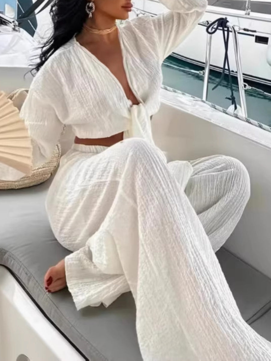 White textured tie-front crop top and wide-leg pants set