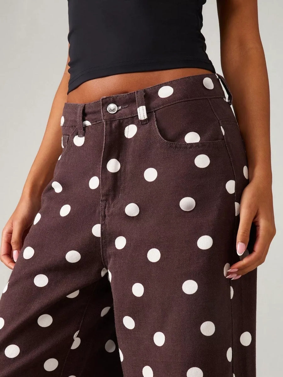 wide-leg jeans in white with polka dot and pocketed