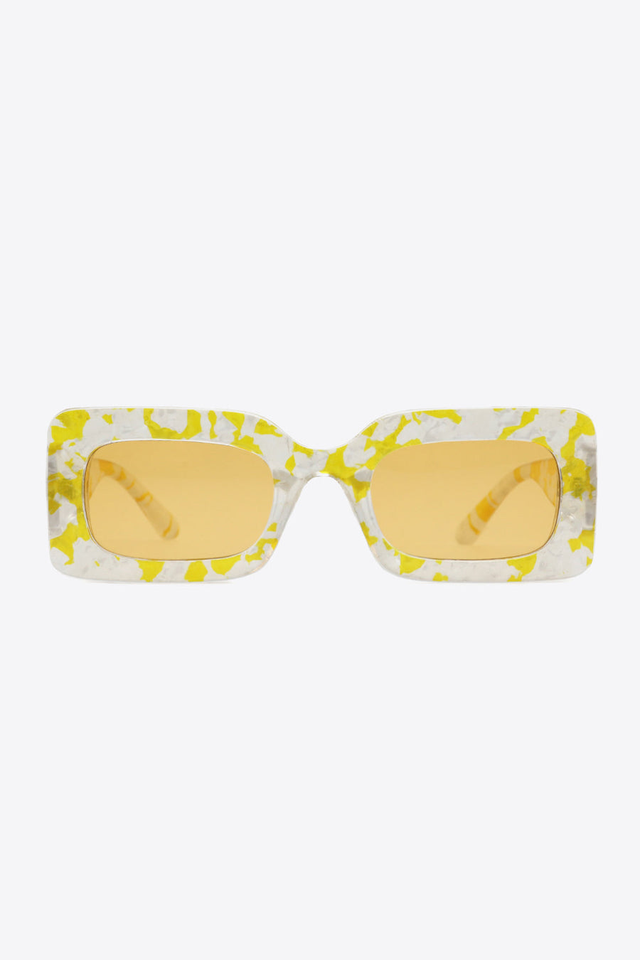 Swirl print rectangular frame sunglasses in Butter Yellow with orange lenses.