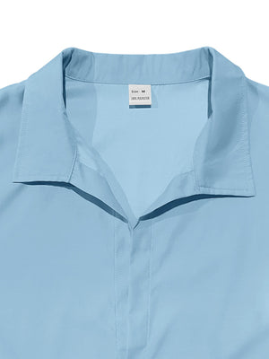 Light blue long-sleeve men's collared shirt with button-down front and polyester material.