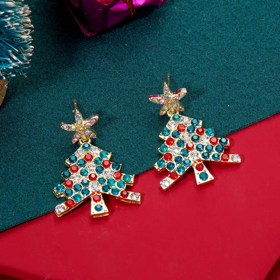 Gold Christmas tree earrings with red, teal, and clear rhinestones and star tops.