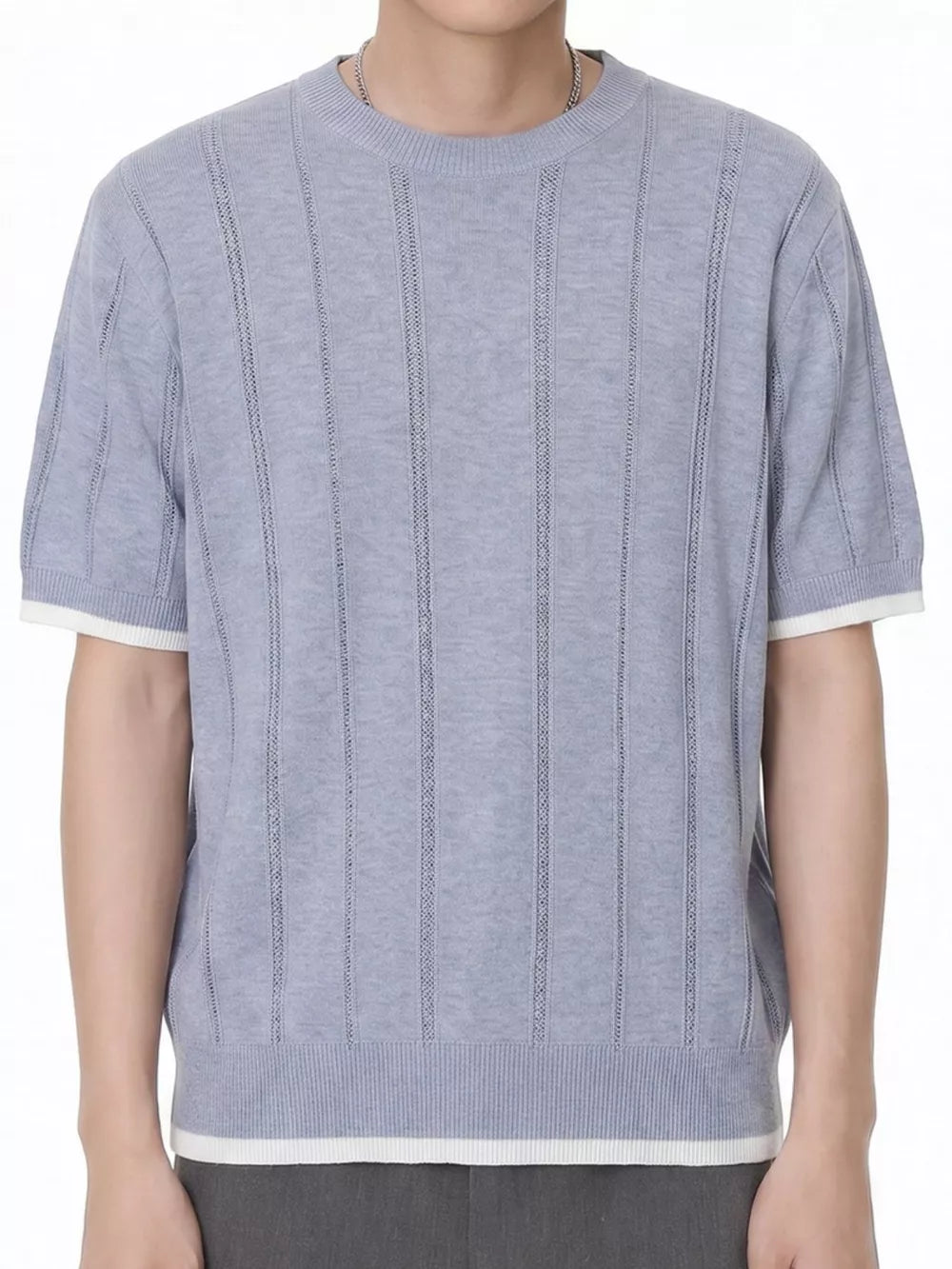 Blue knit t-shirt with crew neck, short sleeves, and white contrast trim.