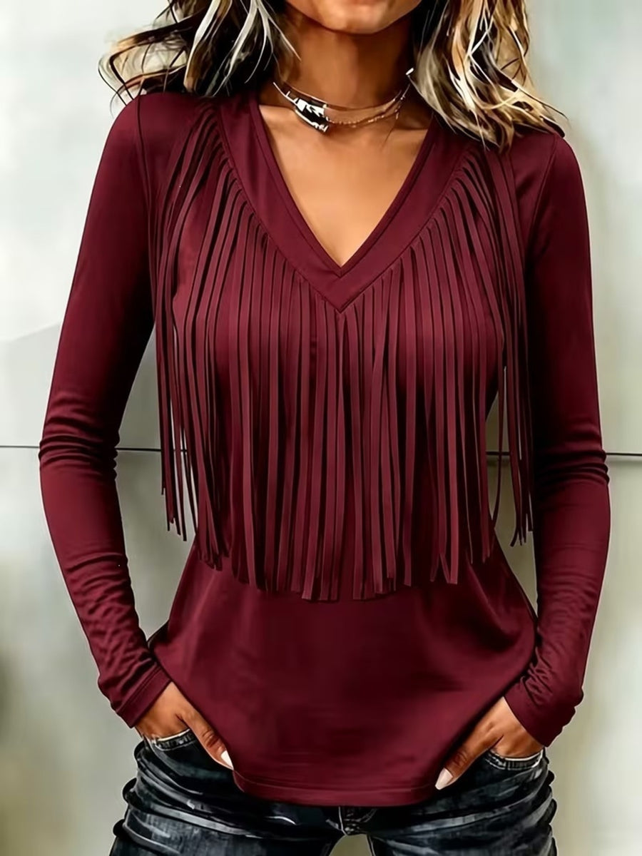 Fringe V-Neck Long Sleeve T-Shirt in Pink with fringe