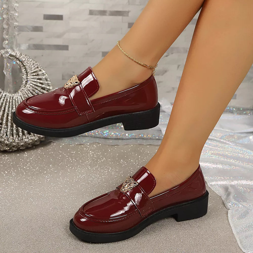 Round Toe Block Heel Loafers in Black with round toe