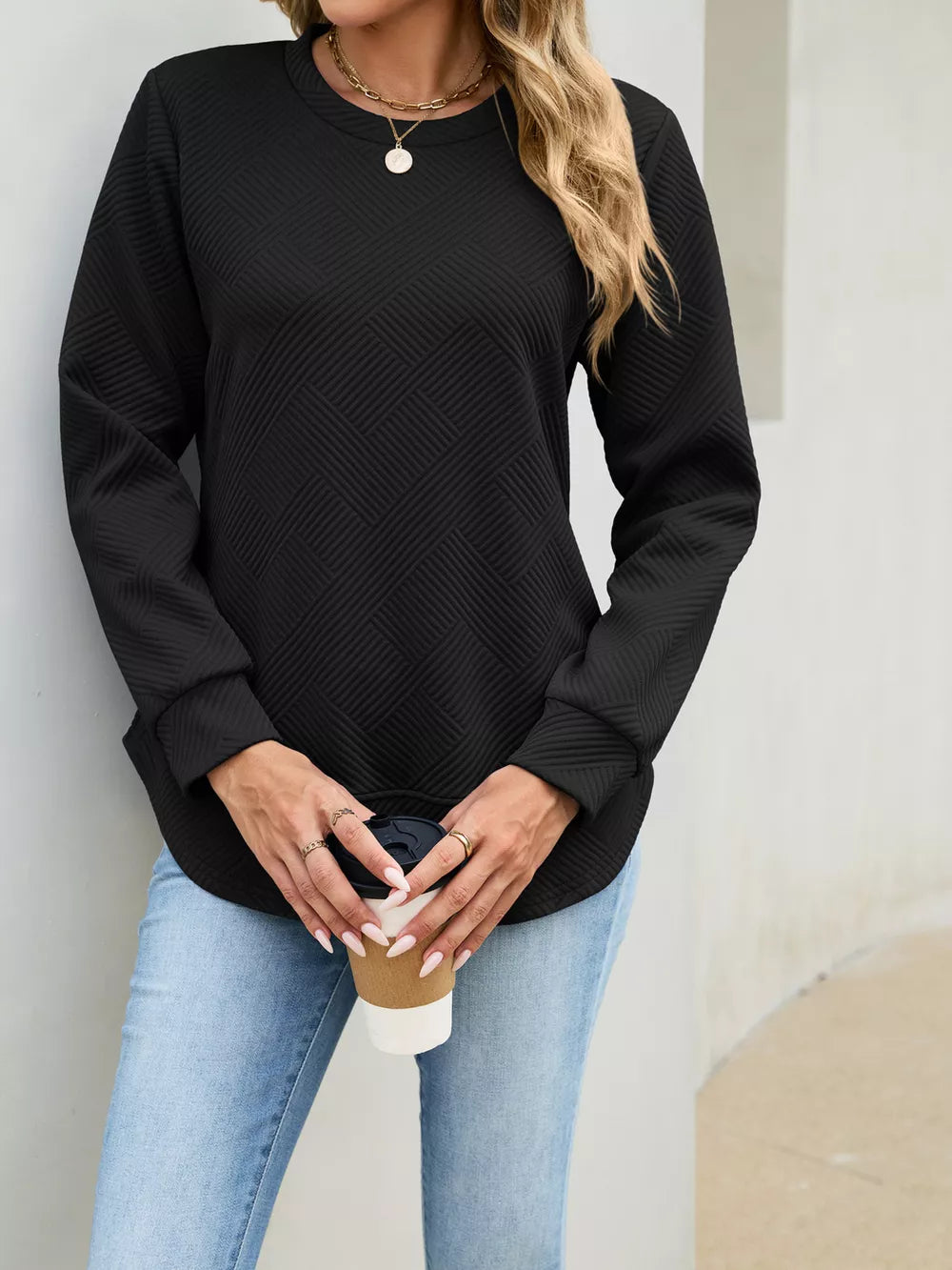 Textured Crew Neck Sweatshirt in Blue