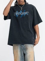 Washed Black Crew-neck Graphic Oversized Vintage Top