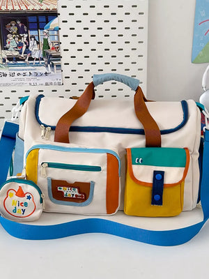 Vibrant multi-pocket nylon travel bag with color block details and embroidered patches.