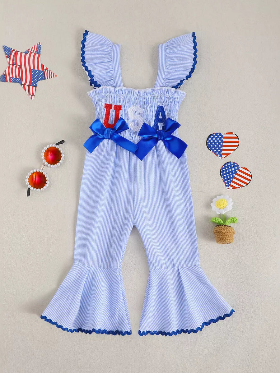 Blue with Children's Usa Themed Ruffled Sleeve Smocked Jumpsuit