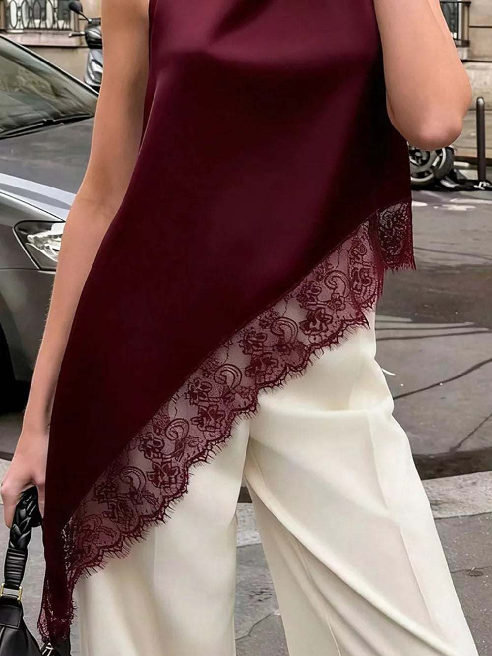 Polka Dot Lace Trim Asymmetrical Hem Sleeveless Blouse in Burgundy