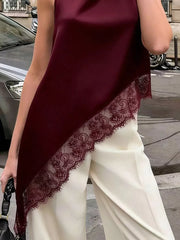 Polka Dot Lace Trim Asymmetrical Hem Sleeveless Blouse in Burgundy